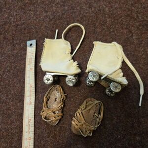 1950s Doll Oilcloth Skates And Leather Shoes Appx 2in Scale